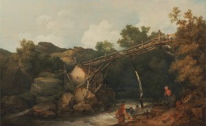 En utsikt nær Matlock, Derbyshire med figurer som arbeider under en tretransportør